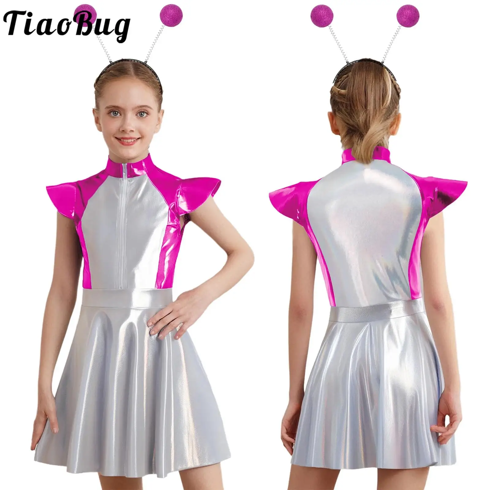 

Masquerade Party Alien Robot Cosplay Dress Shiny A-line Cutie Dress with Funny Alien Hair Hoop for Halloween Carnival