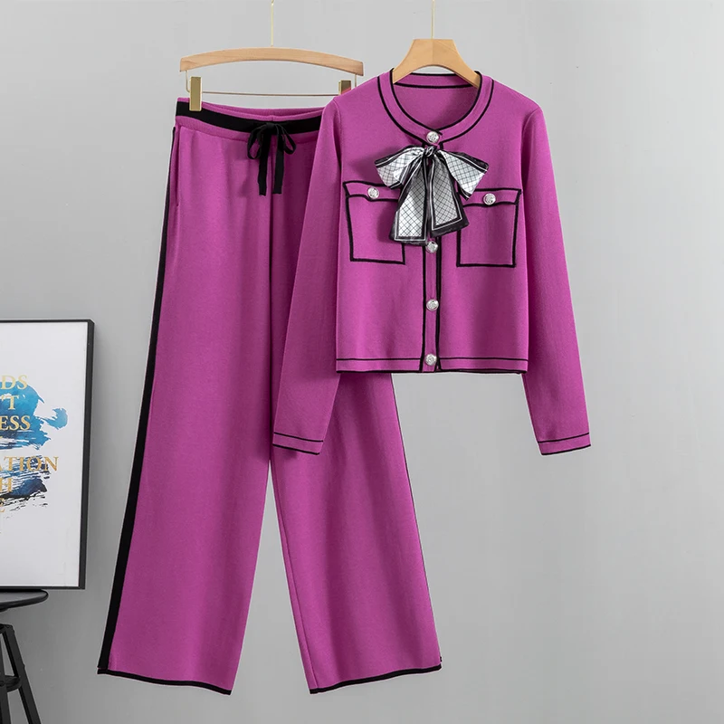 2024 Autumn Women Elegant Pleated Two Piece Set Long Sleeve Bowknot Tops High Waist Wide Leg Pants Suit Female Casual Outfits