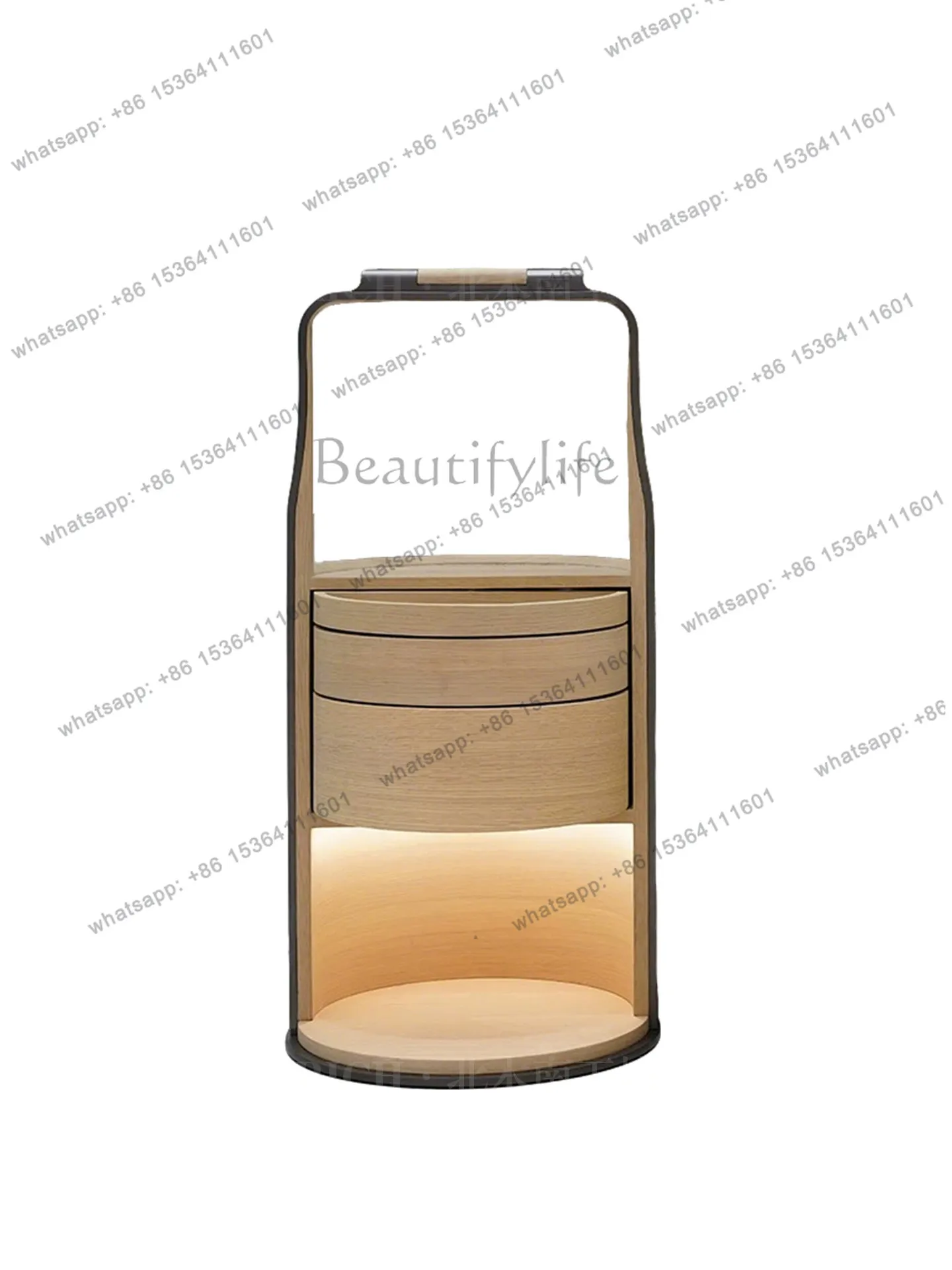 Bedroom Multifunctional Italian Round Bedside Table Solid Wood Rotatable Premium Locker with Light