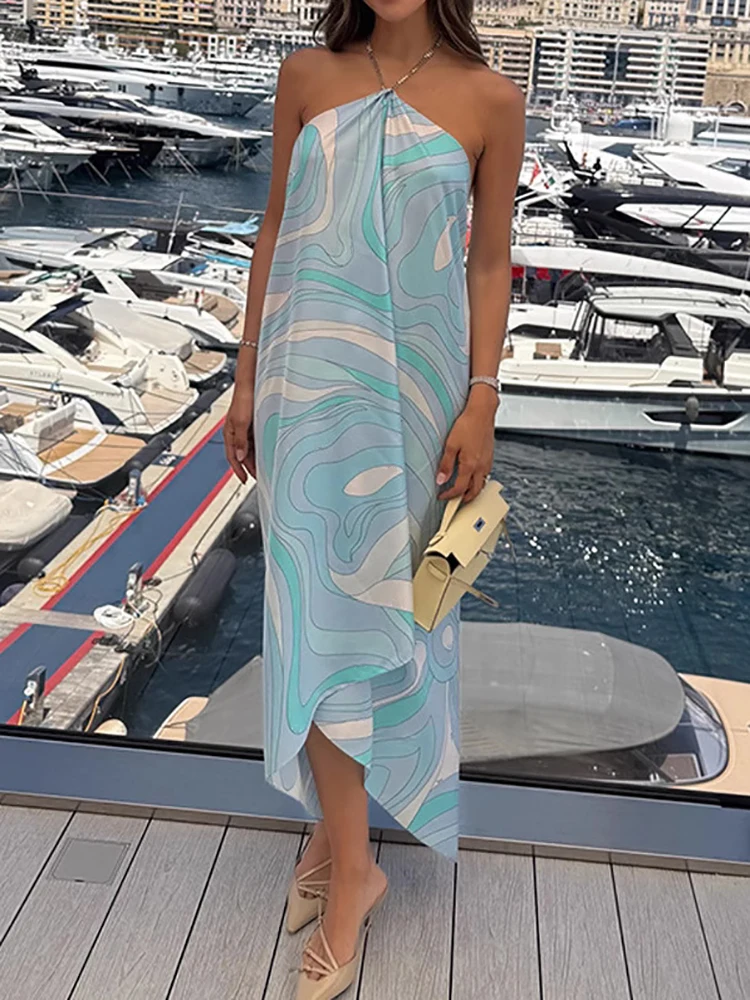 Abito maxi irregolare con stampa patchwork retrò, abito da festa casual senza maniche primavera estate da donna, abito da donna sexy senza schienale con scollo all'americana