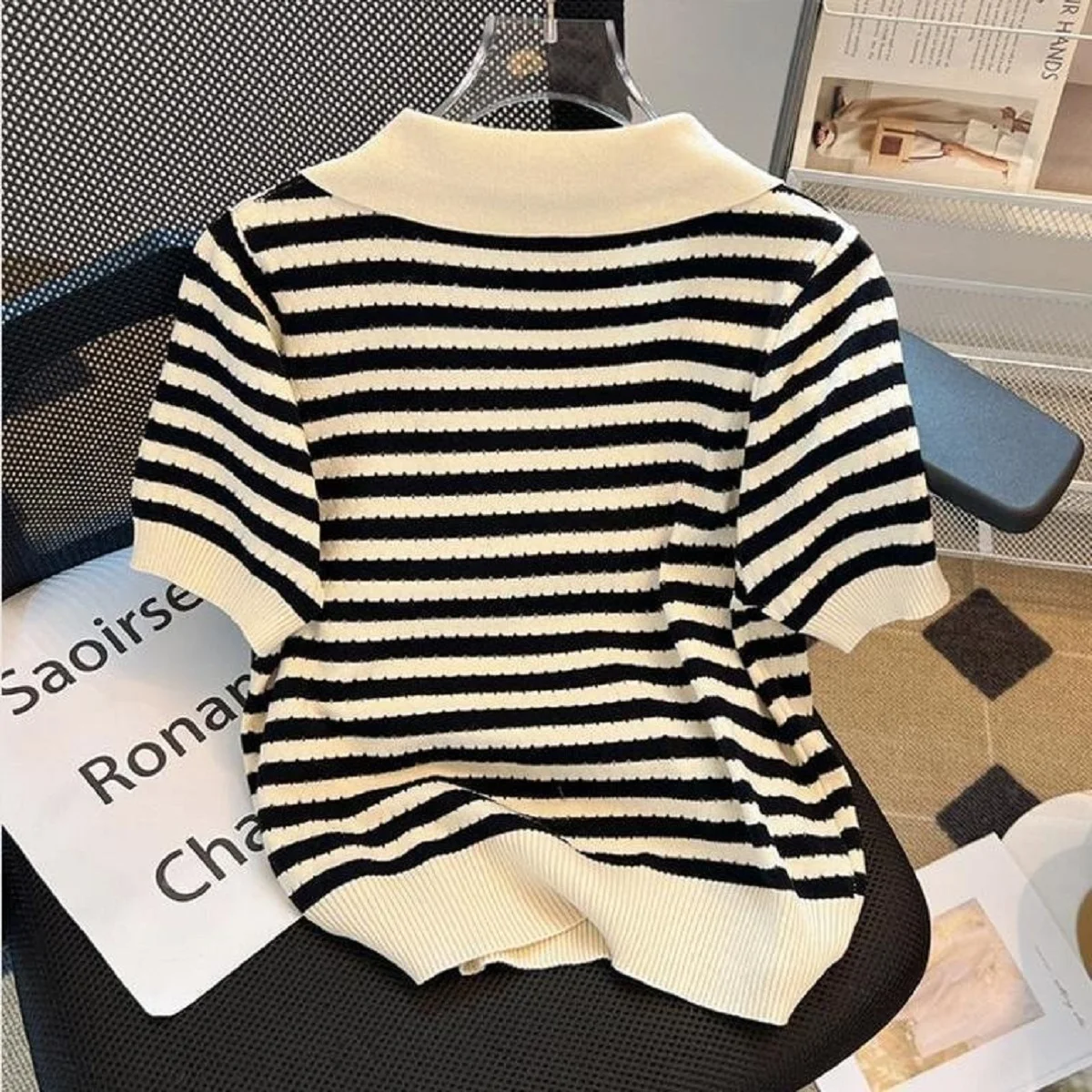 Summer Tee Hollow Out Contrast Colors Striped Patchwork Korean Fashion Casual Pullover Short Sleeve Korean Fashion Polo Tops