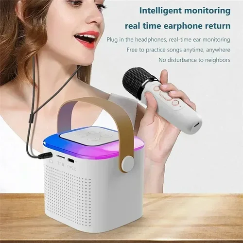 Imagen 2 del producto VIKEFON Mini máquina de Karaoke LED Altavoz Bluetooth portátil adecuado para fiestas familiares de cumpleaños para niñas y niños micrófono