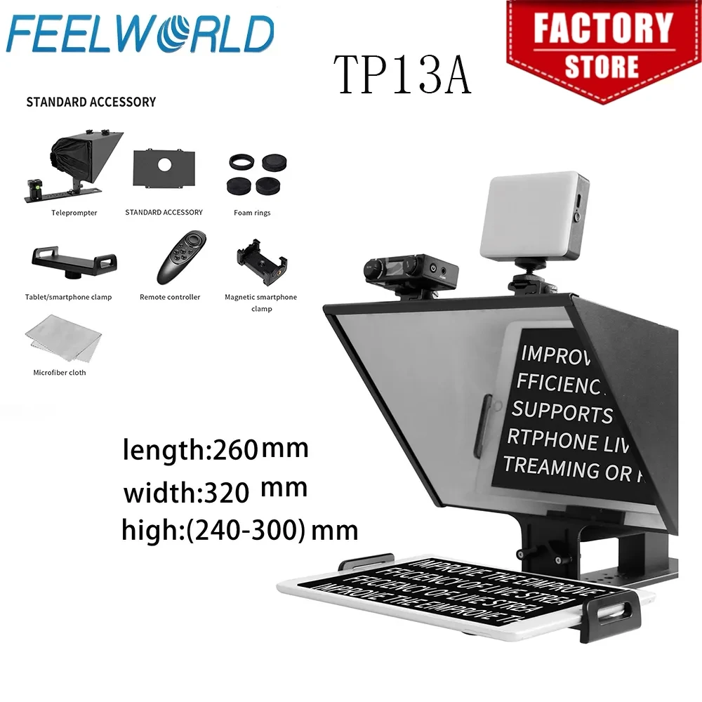 FEELWORLD TP13A Teleprompter portátil de 13 pulgadas compatible con menos de 13" DSLR Shooting Smartphone/Tablet mando a distancia