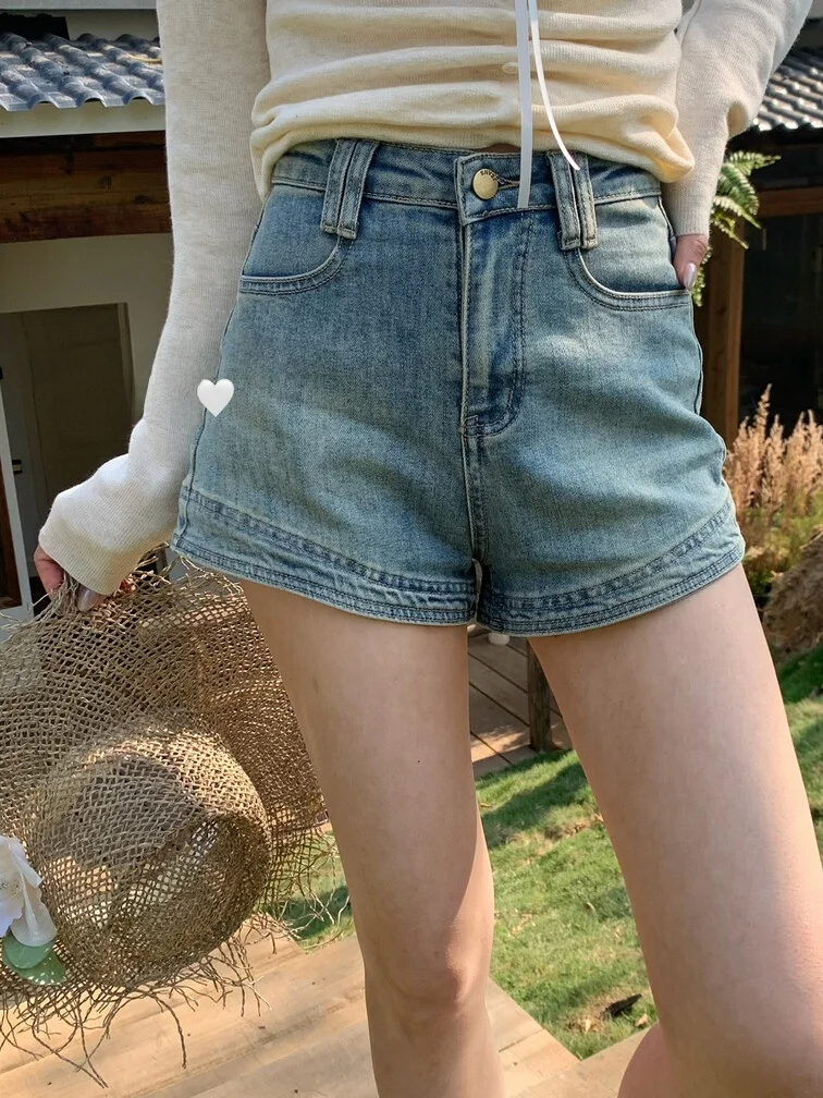 

Faionable Retro Waed High Waist Slimming A-Line Casual Denim orts for Trendy Girls Spring Summer Cotton Stretch Jeans