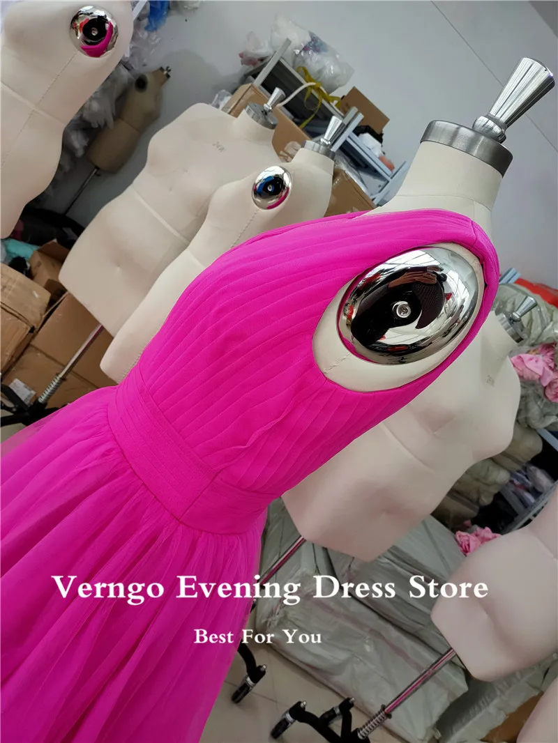 Verngo Elegan Fuchsia Tulle Garis Prom Gaun Sexy Deep V Leher Panjang Lantai Terbuka Kembali Panjang Sederhana 2021 Malam gaun