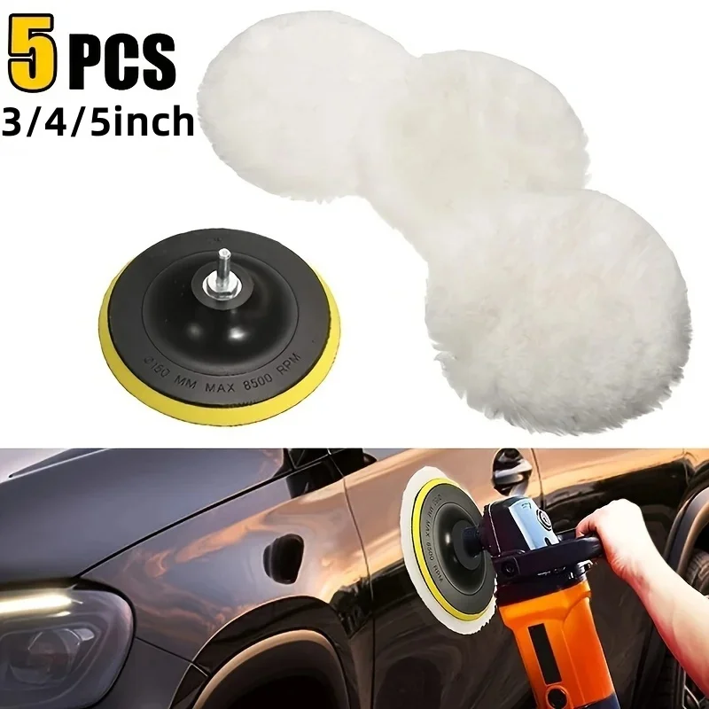 5pcs Wool Polishing Pad Set - Car Buffing Wheel Tool Kit with M14 Drill Adapter for 3/4/5 Inch Drill Buffing!