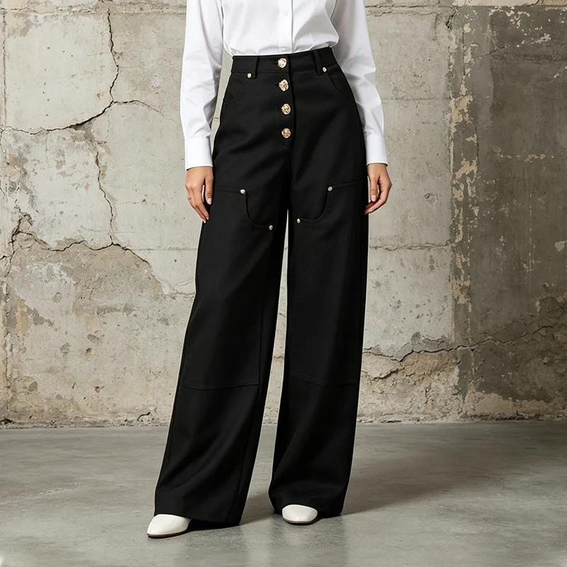 ZAMOR HIGH STREET Women High Waist Wide Leg Pants Button Rivet Design Versatile Straight Casual Trousers 2026 New