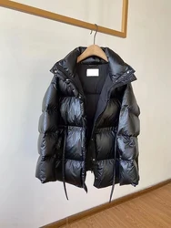 Chaqueta de plumón de pato para mujer, Abrigo acolchado grueso y cálido con cuello levantado y cordón, color negro, moda de invierno, 90%