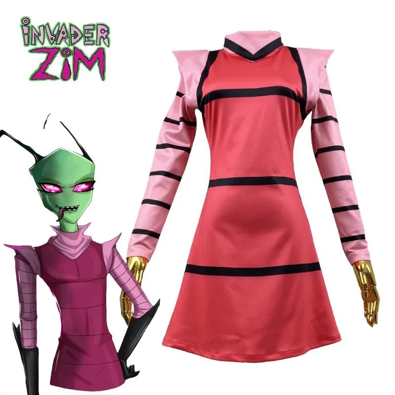 

Anime Invader ZIM Cosplay Costume Alien ZIM Long Sleeves Dress with Gloves Halloween Party Costume for Girl Fancy Dress