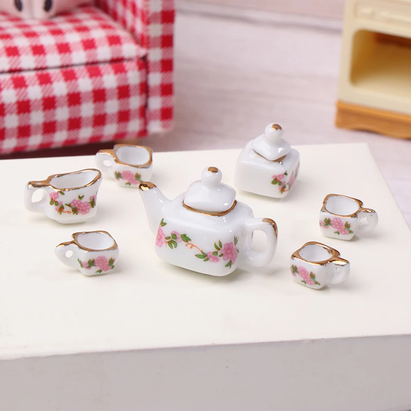 1Set 1:12 Dollhouse Miniature Ceramics Teapot Tea Set Mini Ceramic Kungfu Tea Set Kettle Cup Tableware Model Kitchen Decor Toys