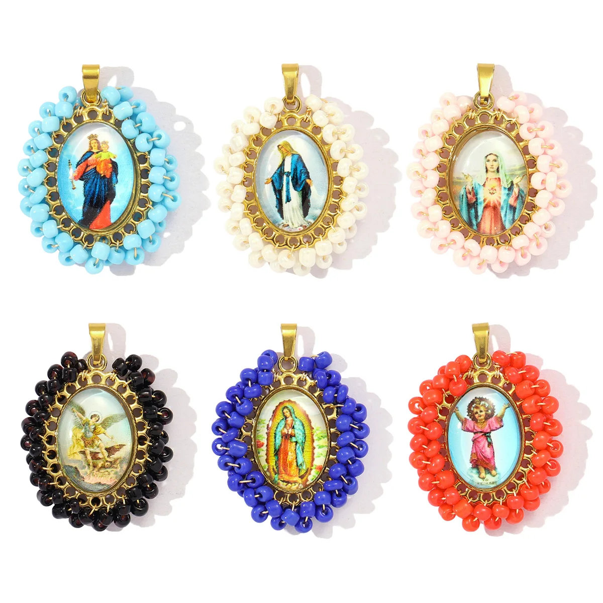 3pcs/Lot French Stainless Steel Braid Seed Beads Handmaking DIY Charms Women Virgin Mary Necklace Pendant Holy Mother Jewelry
