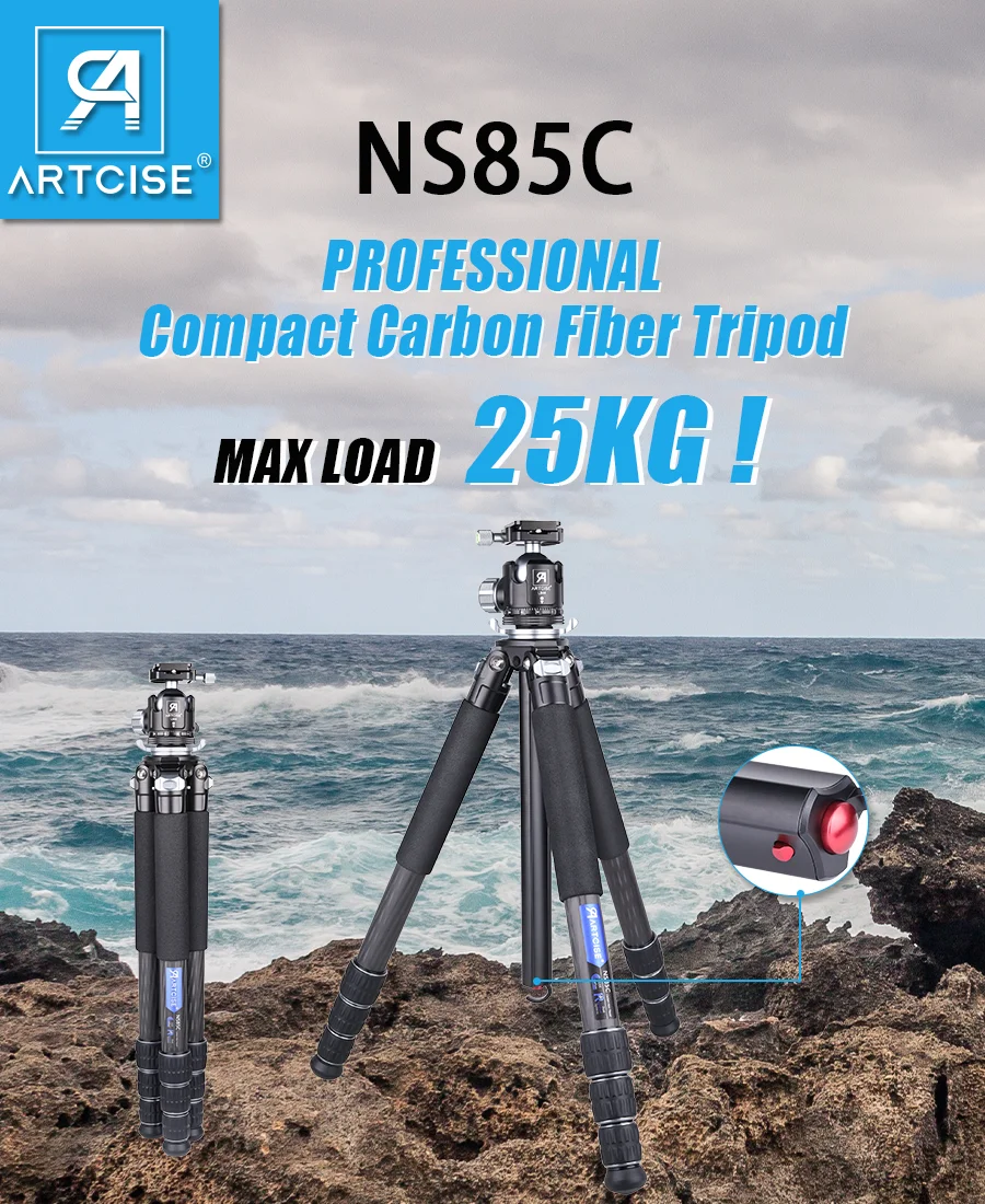 ARTCISE NS85C Kohlefaser-Kamera-Kompaktstativ, Outdoor-Reisestativ für den Außenbereich, für Sony/Nikon/Canon DSLR-Kamera, Belastung 20 kg – Detail 1