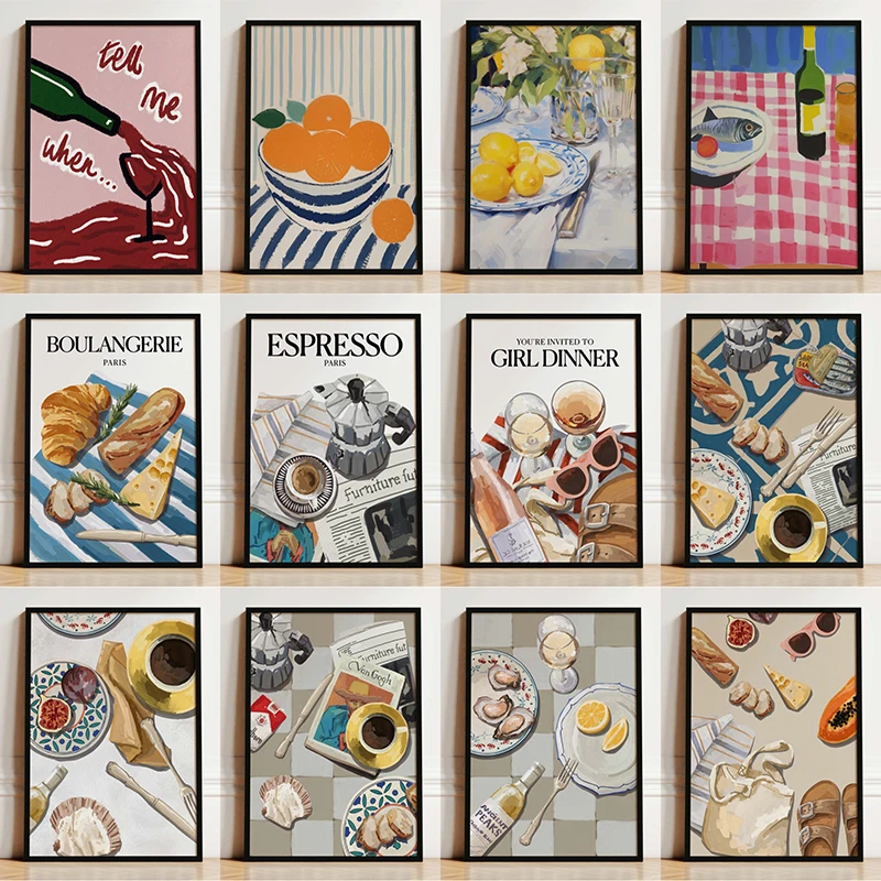 Wine and Oyster Lunch Poster Mid Century Striped Kitchen Print Canvas Painting Wall Art Picture for Clubs Kitchen Home Decor