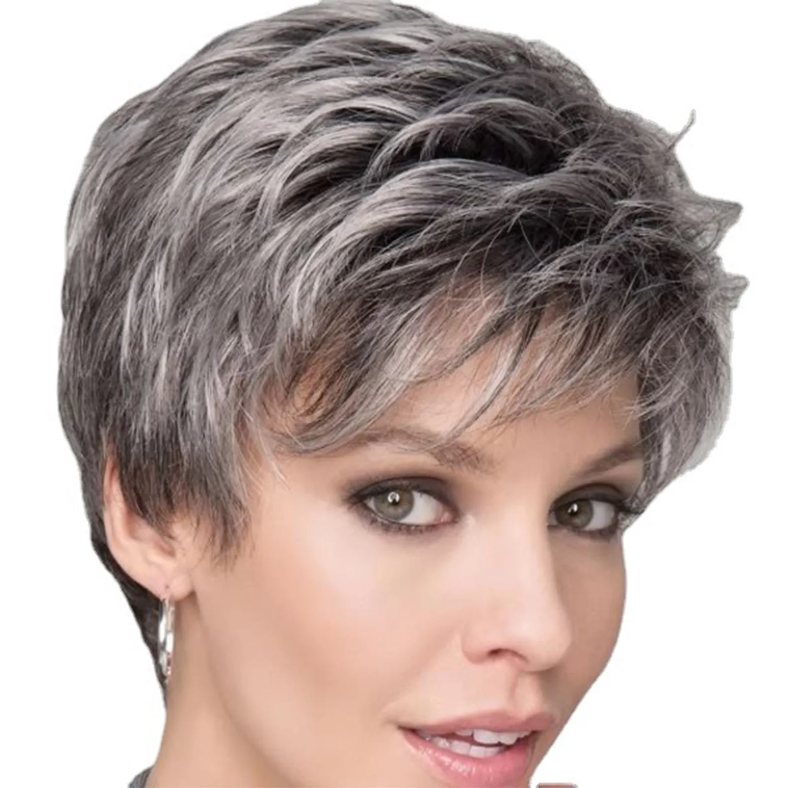 Synthetic Gradient Silver Gray Synthetic Short Hair Mother Headgear Wig Oblique Bangs High-End Hair Set Heat-Resistant Wig