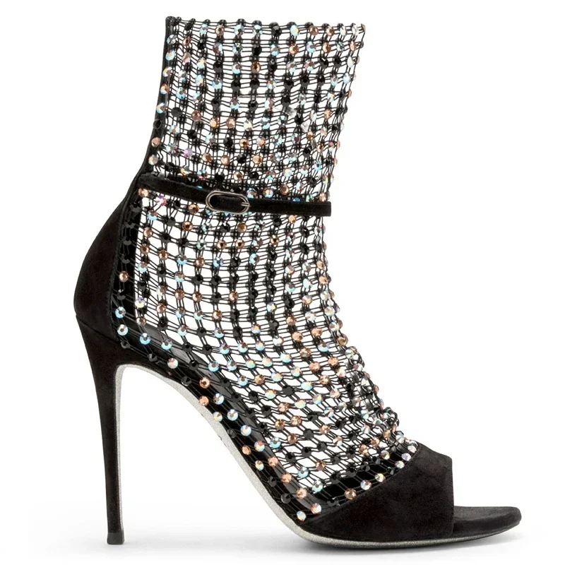 2025 New Star Internet Celebrity Same Style Sexy Water Diamond Fish Mouth Hollow Mesh Cool Boots High Heel Shoes Thin Heels