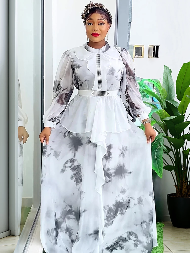 

African Chiffon Dress For Women Dashiki Print Long Sleeve Maxi Robe Wedding Party Evening Gown Africa Clothes Dubai Kaftan Abaya