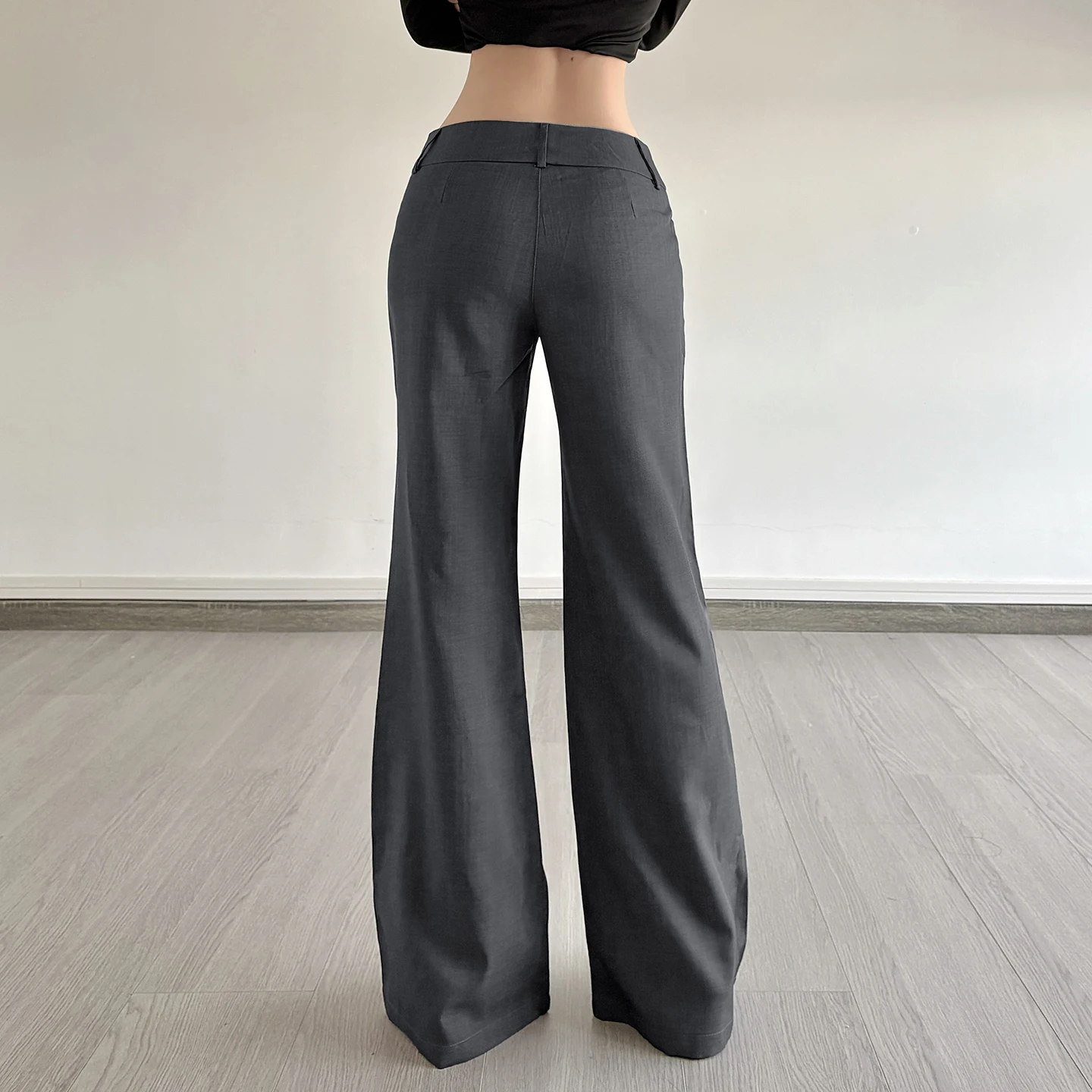 SUCHCUTE Women Low Waist Flare Pants Y2K Solid Gray Button Zipper Wide Leg Trousers Casual Streetwear Bootcut Pants Vintage Chic