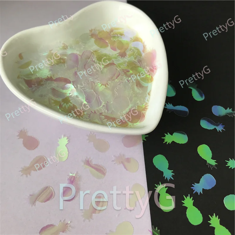 PrettyG, venta al por mayor, 15mm, forma de piña, purpurina, frutas holográficas, lentejuelas brillantes para hacer bricolaje, accesorios artísticos para decoración de uñas