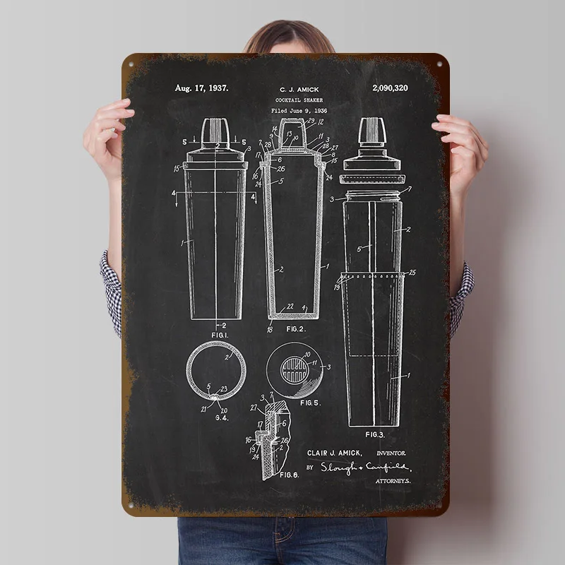 1936 Cocktail Shaker Tinplate Posters Customizable Wall Art Retro Vintage Metal Signs for Home Room Setup Decorations Desk Decor