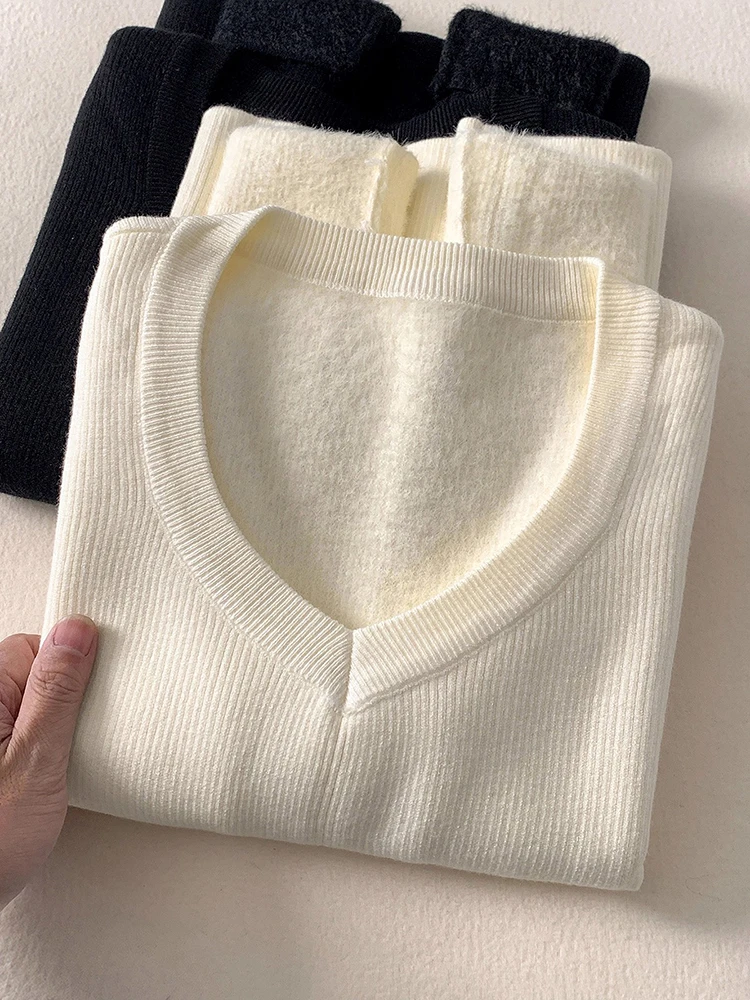 

Women's V-Ne Knitwear Soft Thi Long Sve Warm Fce Lined Slim Fit Autumn Winter New Sle Casual Comfortable Top
