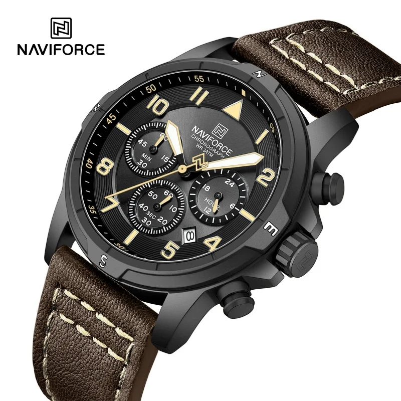 NAVIFORCE Man's Watch Quartz Chronograph 30M Waterproof Luminous Hands Leather Strap Men Business Casual Wristwatch Reloj Hombre