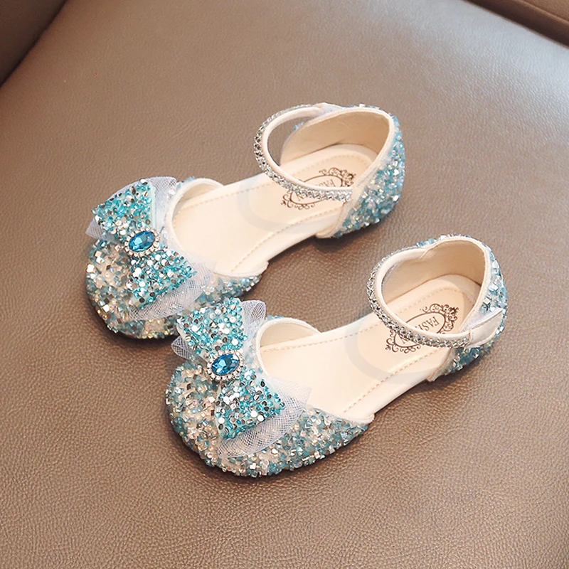 

2022 New Children's Shoes Bowtie Rhinestones Shining Kids Princess Shoes Baby Girls Flat Sandals For Party and Wedding Blue Pink