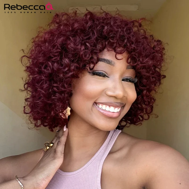 

Mix Brown Short Pixie Kinky Curly Wigs With Bangs For Women 180 Density Full Machine Made Human Hair Fluffy Curly Wig Cheap Wig