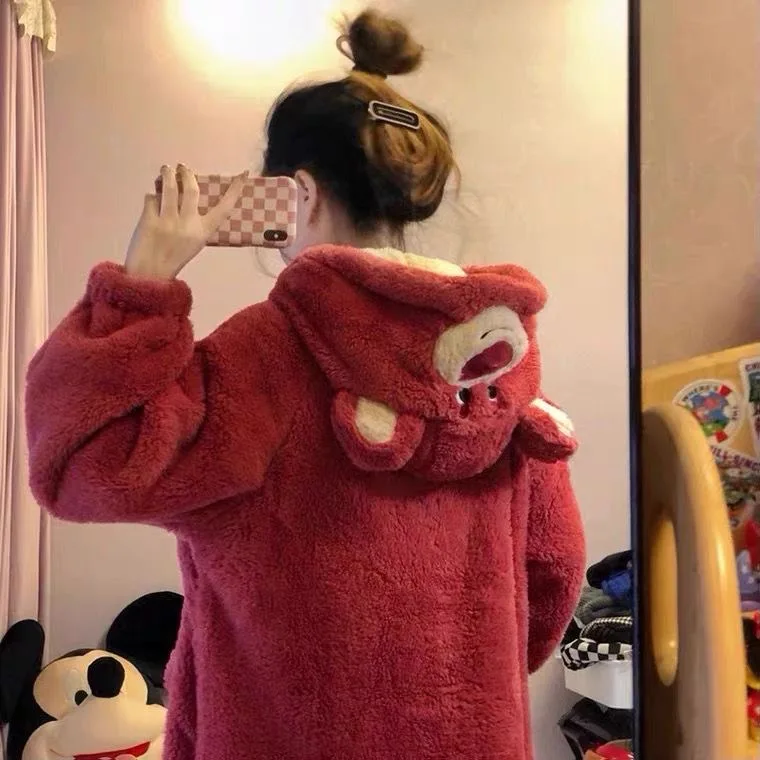 Kawaii Disney Lotso Cartoon Nightgown Coral Velvet Women Top Pajama Plush Soft Robe Hooded Cardigan Nightdress Home Clothes Warm