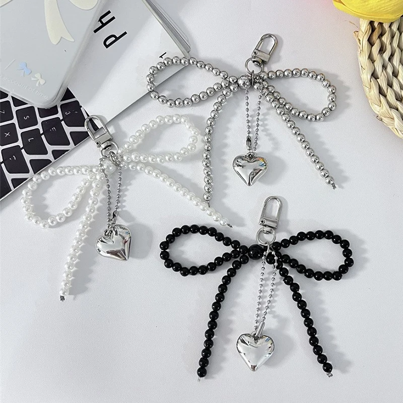 Ins Style Bowknot Beaded Mobile Phone Lanyard Three-dimensional Silver Heart Phone Pendant Headphone Case Bag Decor Car Key Ring