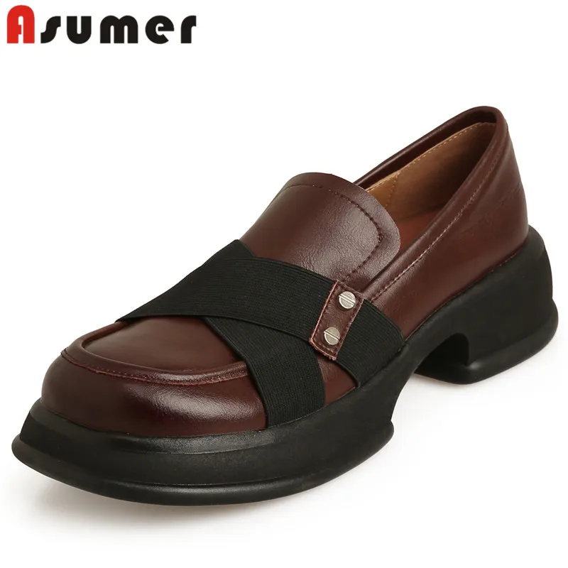 

ASUMER 2024 New Mixed Colors Genuine Leather Women Shoes Retro Ladies Slip On Loafers Pumps Square Med Heels Platform Shoes