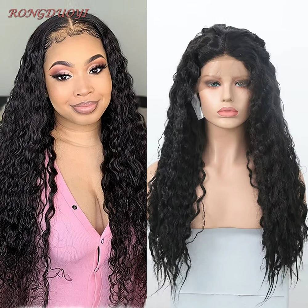 

RONGDUOYI Black Curly Wig Synthetic Frontal Lace Wig For Black Women Daily Used Natural Hairline Heat Resistant Fiber Makeup