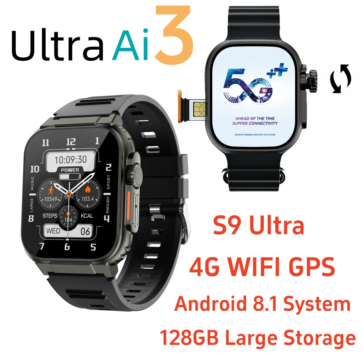 Original Ultra Ai3 Smart Watch 4G calling Taking Photos Face Recognition Exercise monitoring Download APPs Android Smartwatch