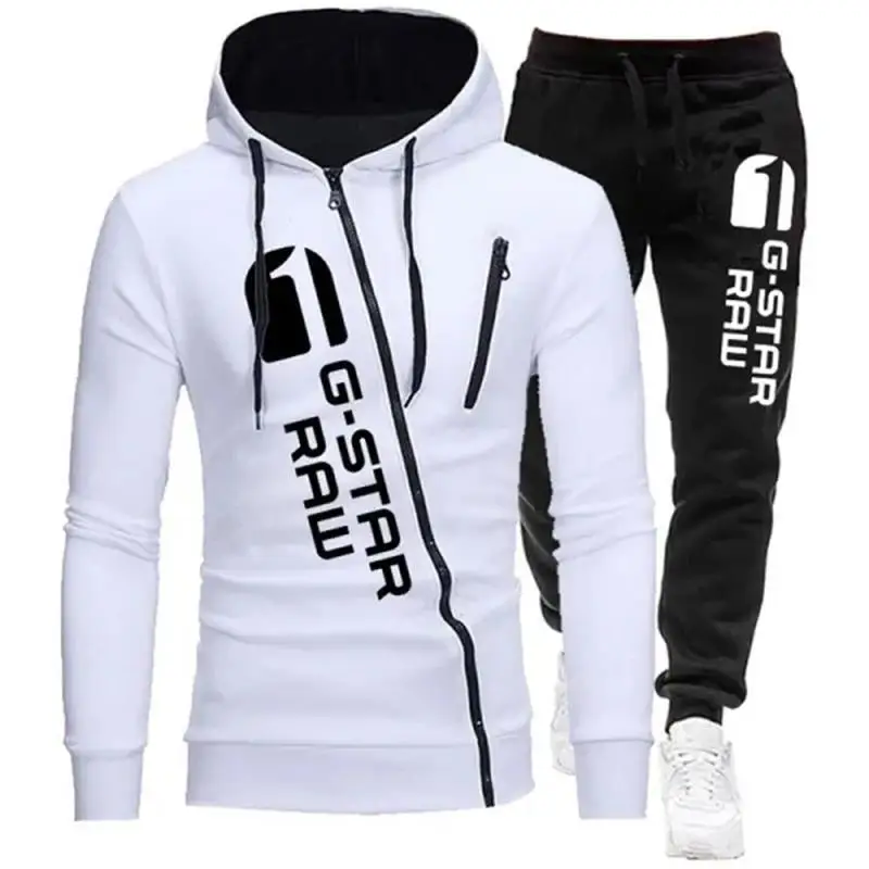 2024 Autumn Winte Oblique Zipper Tracksuit Men Sweatshirt + Sweatpants 2 Pieces Set Casual Mens Hooded Hoodies Suit Sportswear