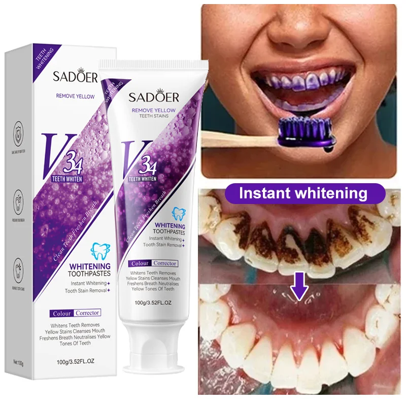 

V34 Purple Whitening Toothpaste Instant Remove Yellow Stains Dental Plaque Bleaching Cleaning Oral Hygiene Brighten Tooth Care