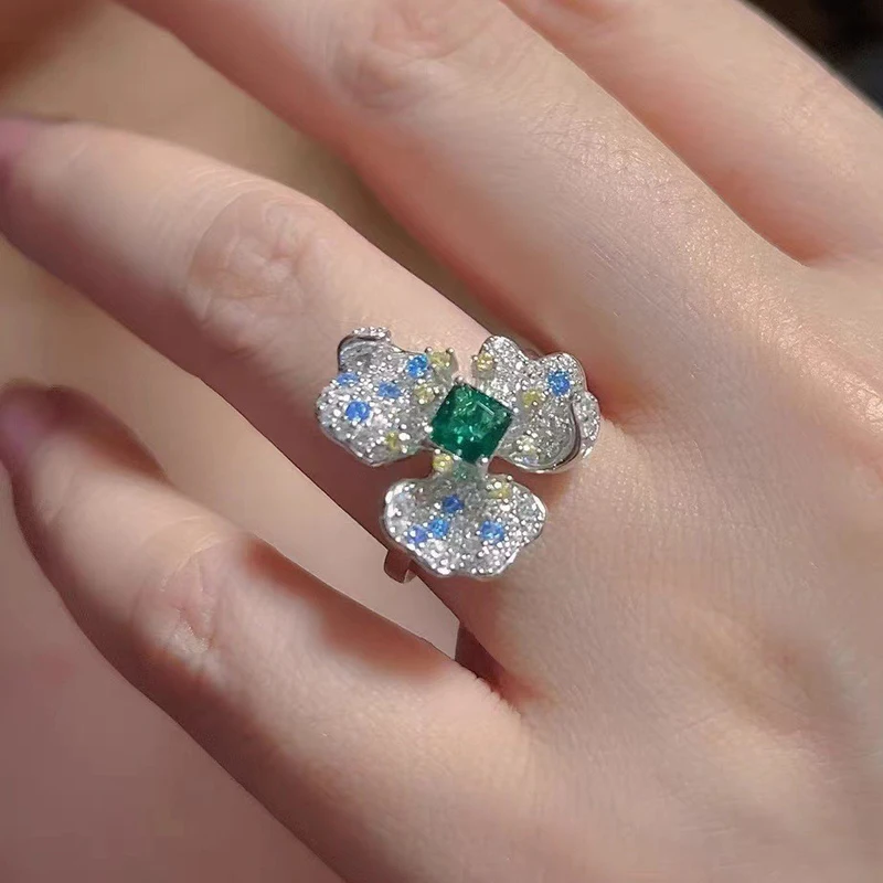 

Classics 925 Sterling Silver Emerald Colored Open Ring&Lucky Flower Earrings Women's New Year Gifts High End Jewelry