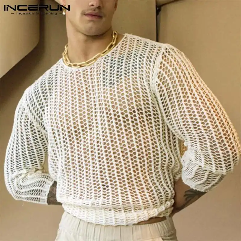 INCERUN Men Mesh T Shirt Transparent Sexy 2023 O-neck Long Sleeve Men Clothing Streetwear Solid Party Nightclub Camisetas S-5XL