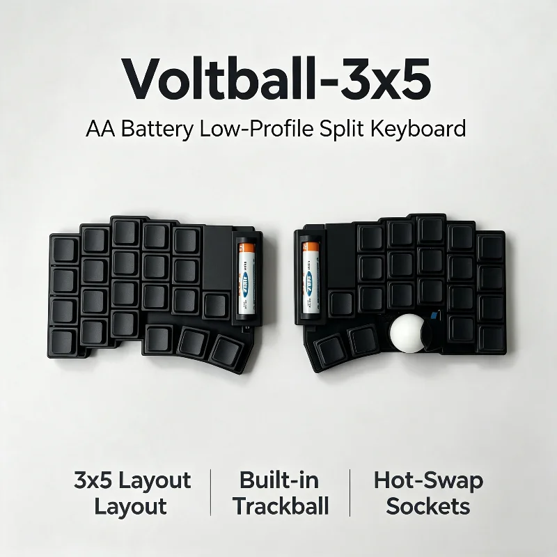 Voltball-3x5 Low Profile Trackball Split Keyboard--aa Battery Powered Choc V2 Switch Hot Pluggable Bluetooth Wireless Zmk