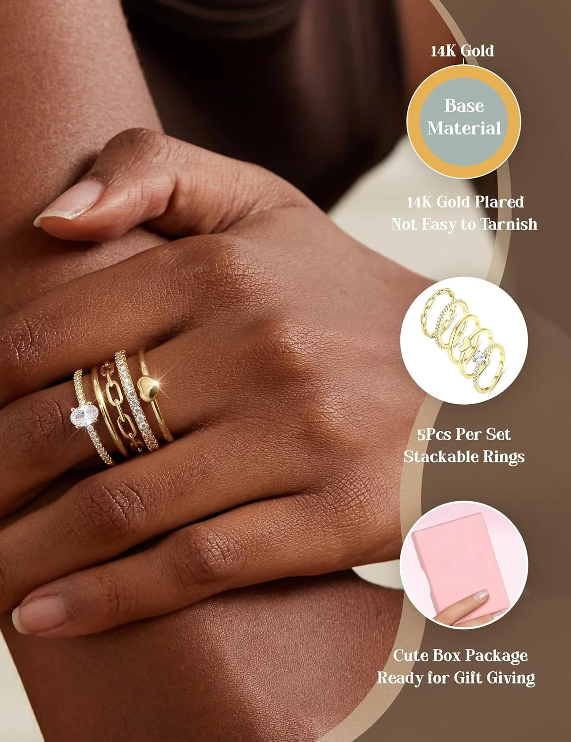 5 قطعة 14K مطلية بالذهب خواتم للنساء غير تشويه داينتي مكعب زركونيا التراص خواتم مقاوم للماء الحد الأدنى رقيقة حلقة حجم 5-10