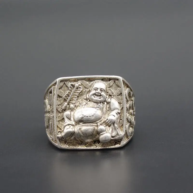 2.8Cm Old Chinese Miao Silver Carve Buddha Head Maitreya Jewellery Hand Ring