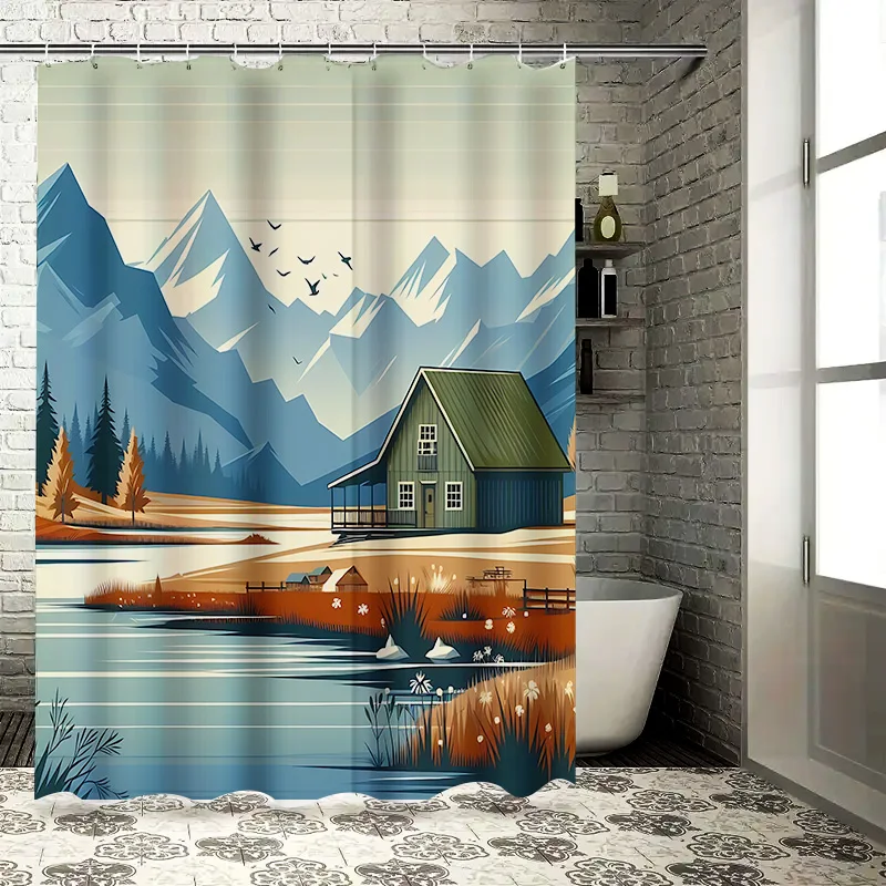 Waterproof Shower Curtain Mountain Cabin Design Enhances Bathroom Aesthetic Rustic Charm Serenity Home Decor Essential EasyClean