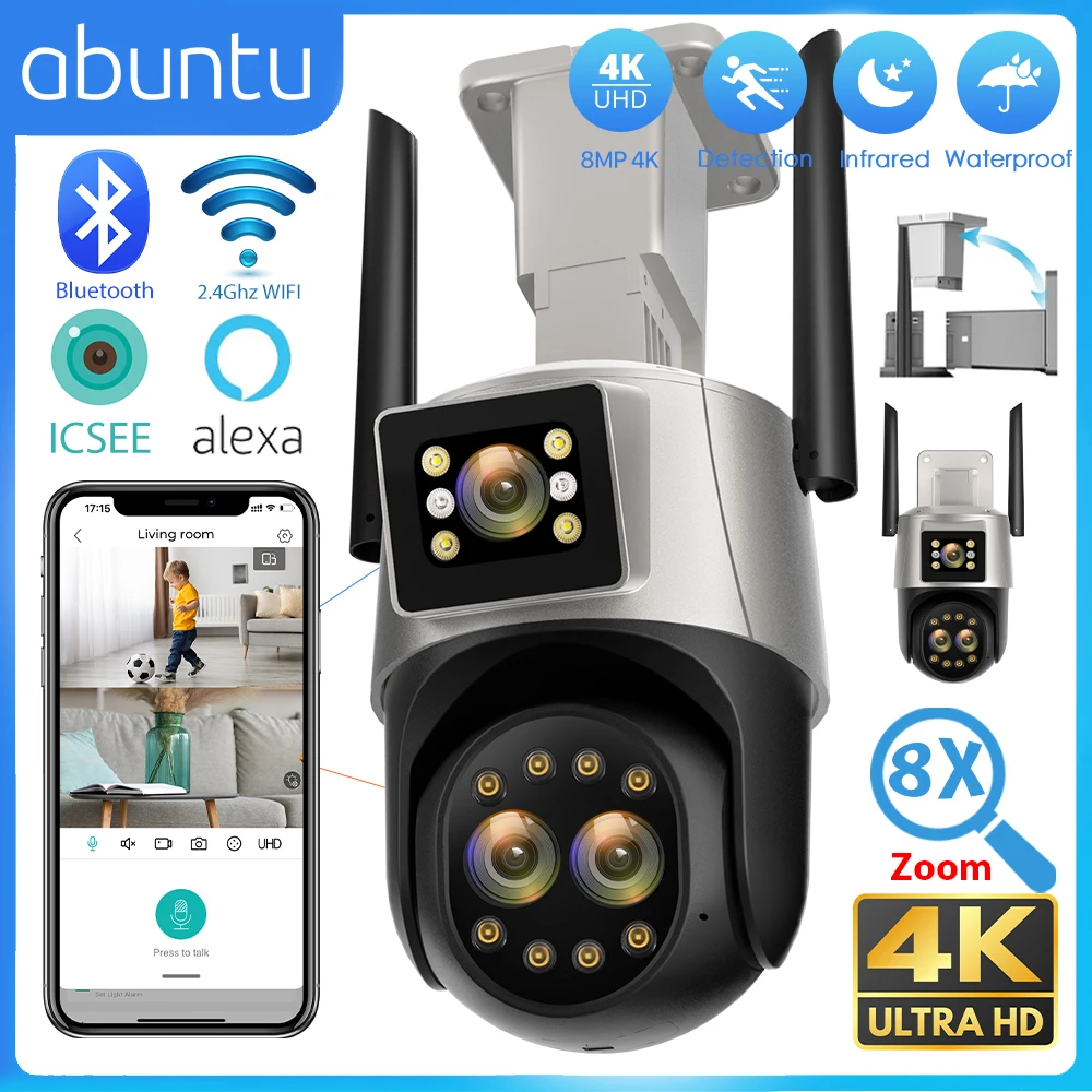 

8MP 4K WIFI Camera Three Lens Dual Screen Video Surveillance Camera 8X Digital Zoom Outdoor CCTV Security Camera Night Vision