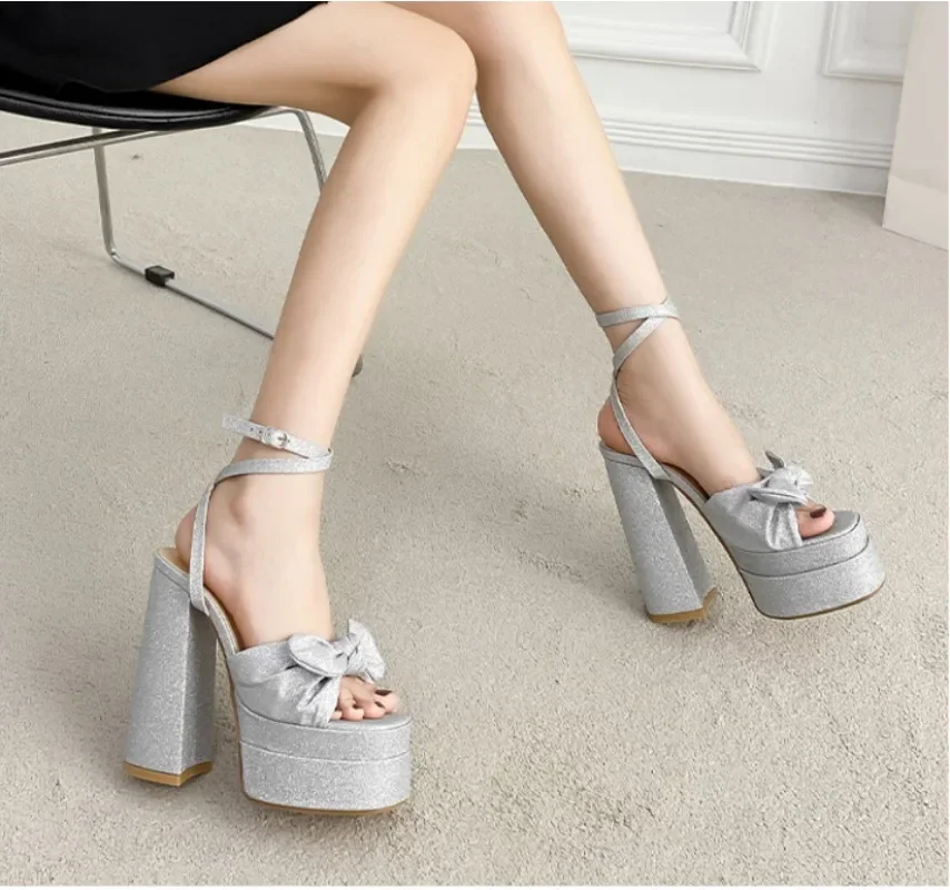 Quality Women Sandals Platform Pumps PU 15CM Square Heel Summer Buckle Strap One Character Strip Butterfly-knot Women Shoes