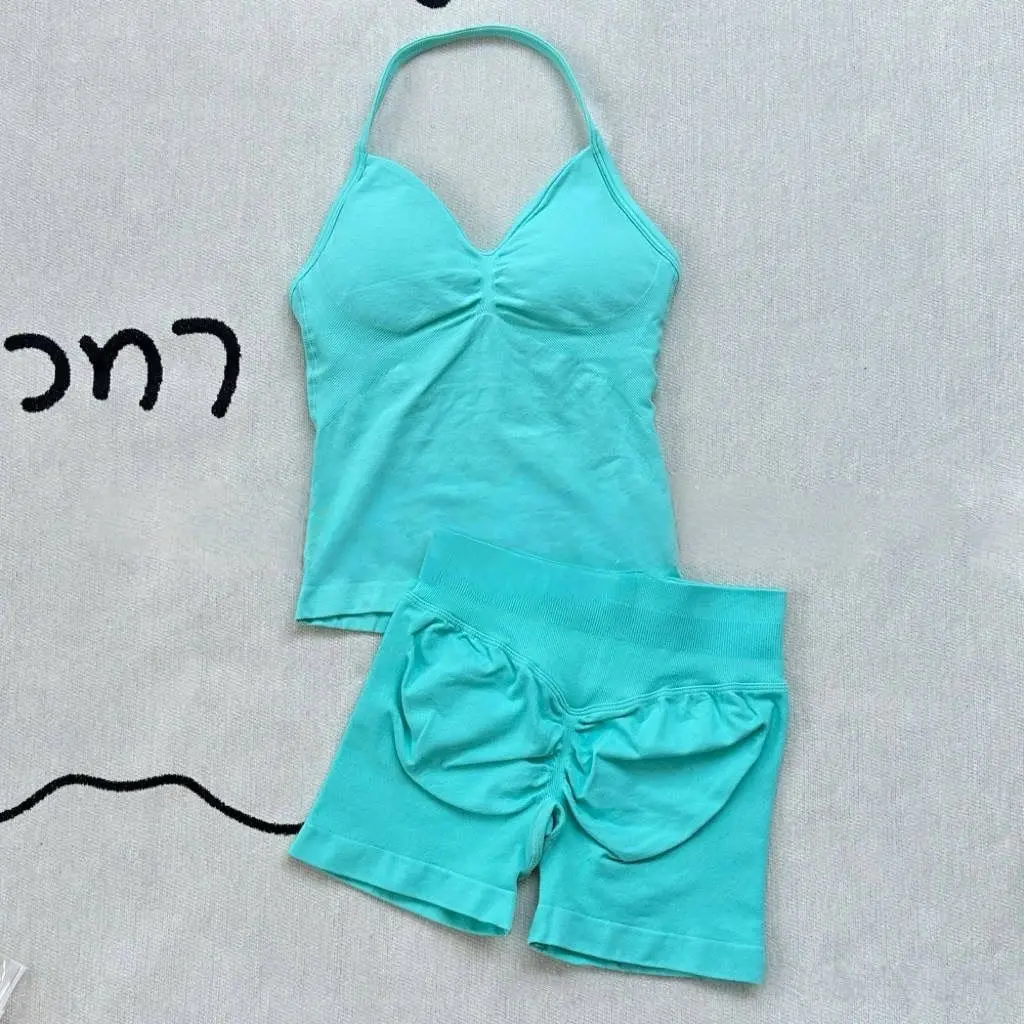 Women Gym Suit Clothes Longline Strappy Top Bras Seamless Running Shorts Sports 2 PCs Fitness Suit Running Workout Yoga Set image 4