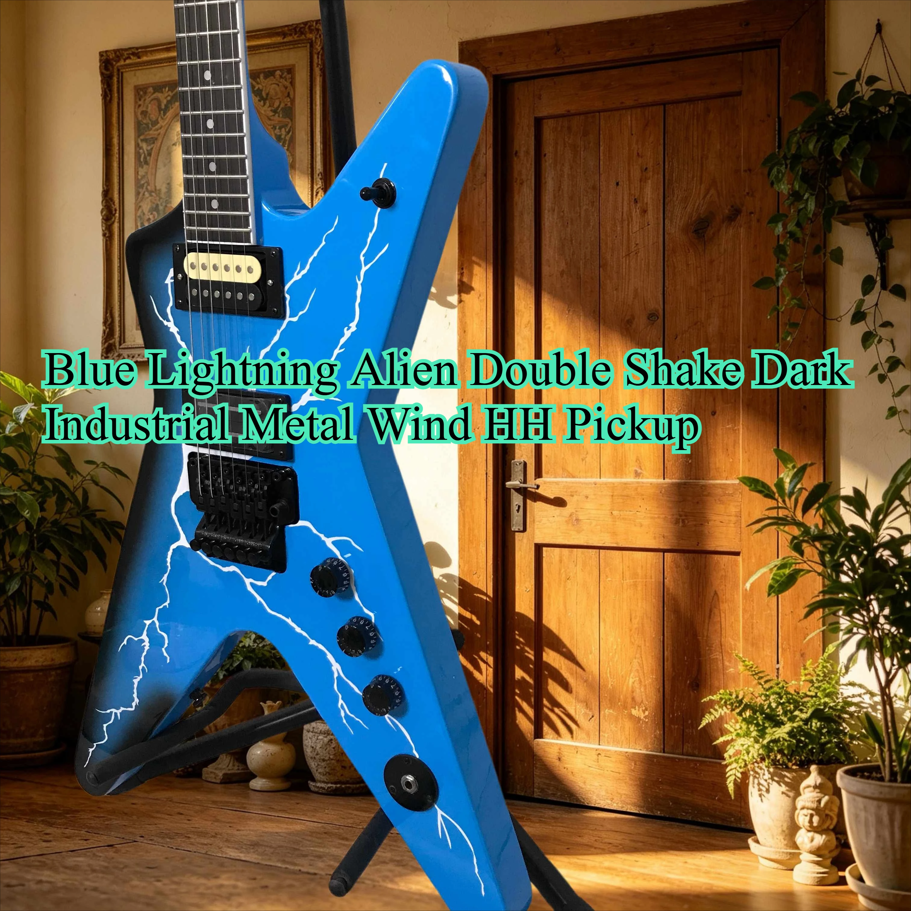 ML Electric Guitar Blue Lightning Alien Double Shake Dark Industrial Metal Wind HH Pickup Black Hardware Rose Wood Fingerboard