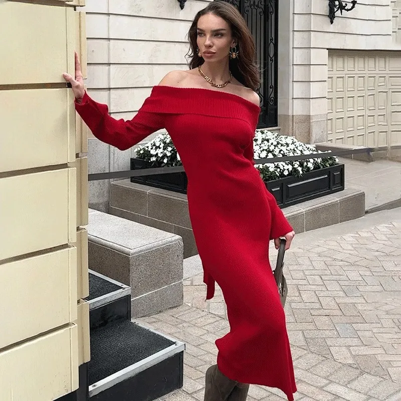 

Ticketsx Women's Knitted Long Dress Solid Autumn Off Shoulder High Waist Slim Dress Vintage Elegant New Streetwear Commute Dress