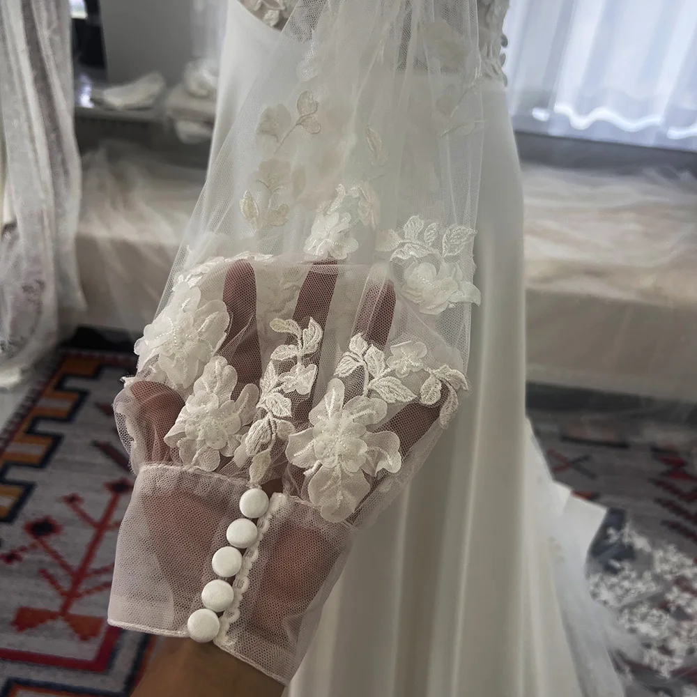 Mryarce Eleganz 3d Blumen v Hals eine Linie Seite Schlitz Brautkleider Brautkleider mit abnehmbaren Ärmeln – Detail 4