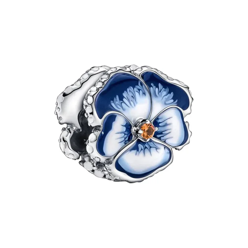 Fit Pandora Blue Pansy Flower Charm Cherry Blossom Pink Flowers Pendant for Jewelry Making Women Bracelet Accessories Bangle DIY