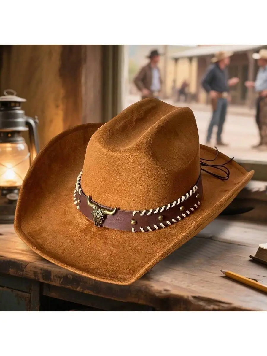 

Retro Western Wide Brim Suede Hat With Bullhead Band For Men And Women