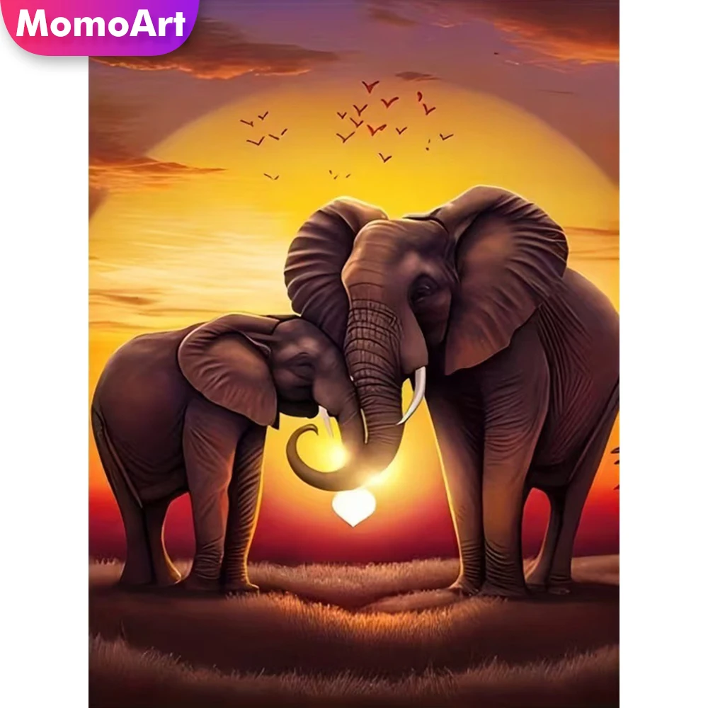 Momoart Vollquadratische und runde Diamant-Stickerei, Elefant, Mosaik, Tier, DIY-Diamantgemälde, Sonnenuntergang, Kreuzstich-Set, Kindergeschenk