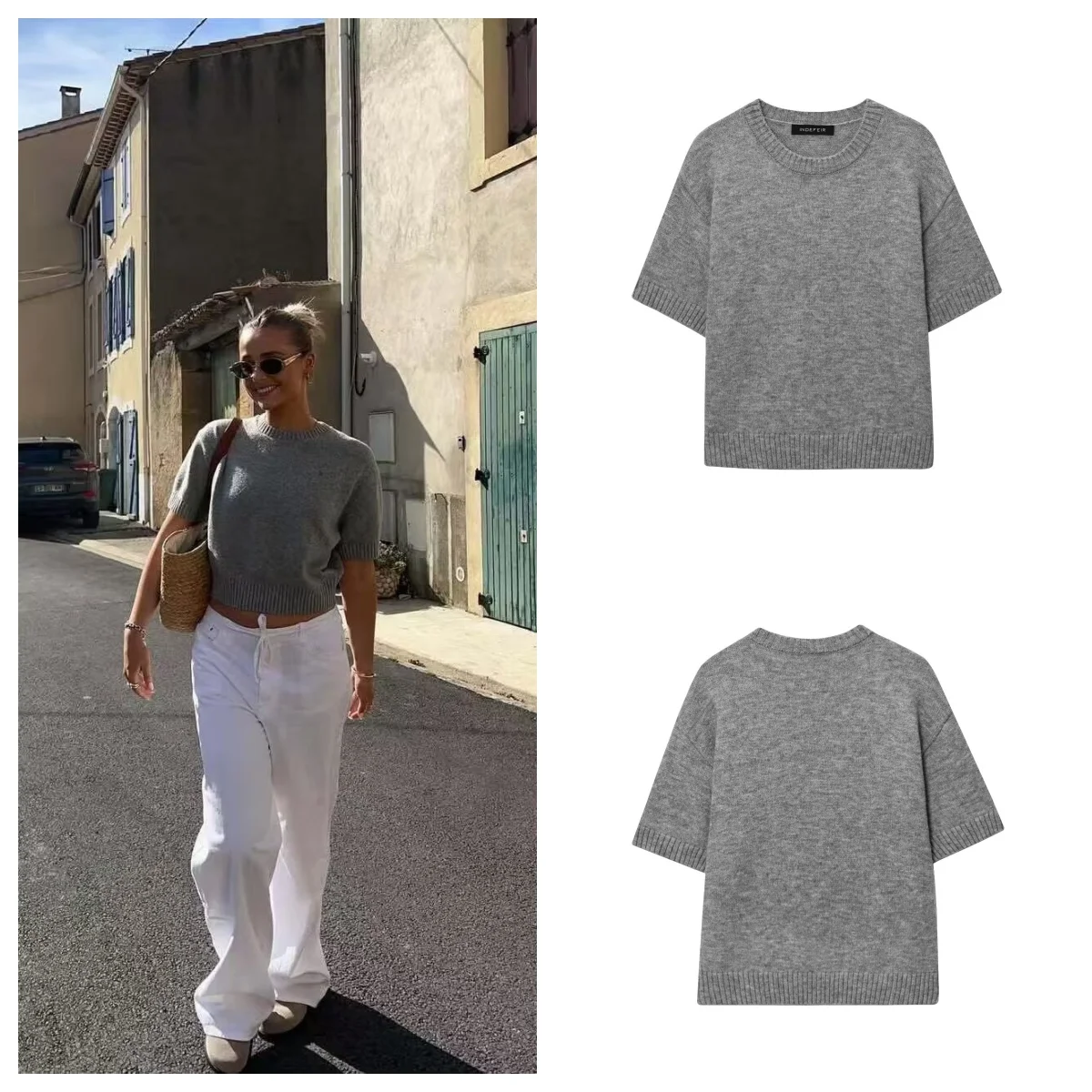 

European and American style new fashion simple versatile round neck short sleeve knitted sweater